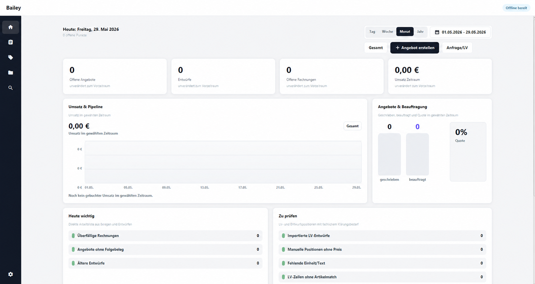 Bailey Dashboard mit Zeitraumfilter, Angebotsaktion, Umsatzübersicht und Aufgabenlisten